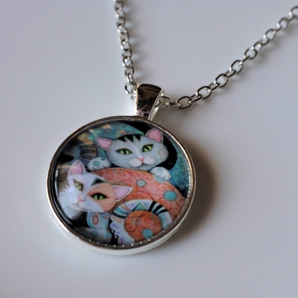 Two Cat Cabochon Glass Dome Silver Necklace